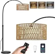 Floor Lamps for Living Room with 3 Color Temperatures, Arc Floor Lamps with Remote & ‎Foot Switch,Timer Modern, Boho Standing Lamp with Rattan & Fabric Shades for Living Room Bedroom Office