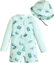 [OBEEII] Baby Boys Swimsuit with Sun Hat UV Protection Swimsuit Swimwear One Piece Zip Children's Swimsuit Marine Animal Print, Light Green Sea Turtle, 12-24 Monate