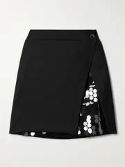 [16ARLINGTON] 16ARLINGTON - Noelia Twill And Paillette-embellished Tulle Mini Wrap Skirt - Black - UK 14 UK 14 Black