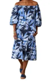 TOMMY BAHAMA DAYBREAK HIBISCUS OFF SHOULDER DRESS 100% COTTON ISLAND NAVY SIZE M