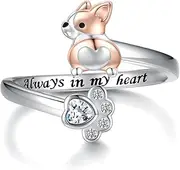 [zaxsj] Corgi Ring Sterling Silver Corgi Adjustable Open Ring for Women Hypoallergenic Adorable Puppy Dog Ring Jewelry Gifts for Dog Lovers, Sterling Silver, Cubic Zirconia