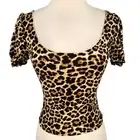One by One Leopard Print Puff Sleeve Scoop Neck Top Light Brown Size Small NWT