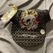 Vtg ed hardy hat rhinestone Black SnapBack Mesh Skull Embroidery Cap New