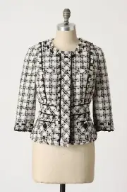 New Anthropologie Elevenses Snapshot Tweed Jacket Black White Plaid 2 XSmall