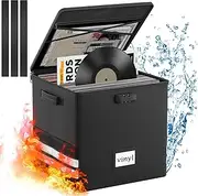 Onvvippiv Vinyl Record Storage Box with Lock, Fireproof Waterproof Resistant Organizer for 100+ 12-Inch Records - Collapsible Storage Box with Handles for Album Collection - Black