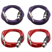 Four 1/4" to XLR Female Patch Cables 10' Extension Cords Jumper - Various Colors