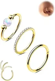 [Jewseen] 20G 3PCS Nose Rings Hoops 316L Surgical Steel Opal Nose Rings for Women 8mm/10mm Septum Rings Clear CZ Daith Helix Tragus Conch Piercing Jewelry Cartilage Earring
