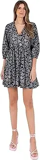 [Lovedrobe] Women's Ladies Knee-Length Dress Long Puff Sleeve V-Neck Wrap Front Smock Shift Abstract Leaf Print Cotton Casual