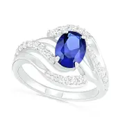 Oval Lab-Created Blue and White Sapphire Wave Bypass Split Shank Ring in Sterling Silver