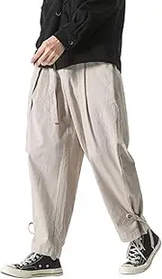 [PRIJOUHE] Mens Casual Linen Pants Baggy Pants Lightweight Elastic Drawstring Waist Harem Pants