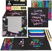 ARTEZA Scratch Paper Notes, Set of 202 Sheets, 3.5"X3.5" Inches 200 Rainbow Notes & 2 Space Patterned Notes, Include 2 Scratchers, 2 Sharpeners, for Kids, Art & Craft Classrooms and DIY Projects