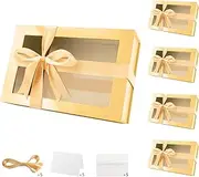 MALICPLUS 5 Large Gift Boxes with Window,34x22.8x10 CM Clear Gift Boxes for Easter, Contains Ribbon, Card, Bridesmaid Proposal Boxes with Magnetic Lid (Glossy Gold)