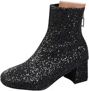 [ZJWBB] Women's Sequin Glitter Ankle Boots Chunky Heels Sparkly Booties Block Side Zipper Wedding Party Dress Shoes