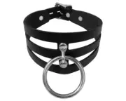 Adjustable Leather Choker Collar with Silver O-Ring, Locking Buckle - Large
