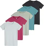 Real Essentials 4 Pack: Girls Short Sleeve Dry-Fit Crew Neck Active Athletic Performance T-Shirt