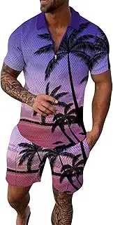 [Generic] Mens Tux Sleeve Casual Shirt and Shorts Sets Two Summer Outfits Zip Tracksuit Set Shiny Suit for Men