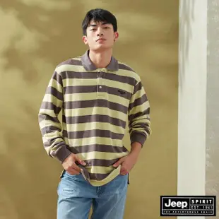 【JEEP】男裝 美式跳色條紋長袖POLO衫(灰綠色)