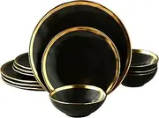 [Pokini] Black Luxury Plates and Bowls Sets, 12 Piece Porcelain Dinnerware Sets Service for 4, Modern Dinner Plates Set, Gold Rim Dish Set for Wedding Anniversary Birthday