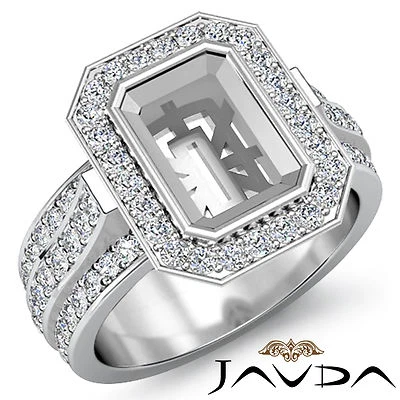 Diamond Engagement Emerald Ring 18k White Gold Halo Setting Semi Mount 1.65Ct
