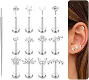 [Kakonia] Push in Stud Earrings,20G Flat Back Earrings,Hypoallergenic Threadless Stud Multi-Pack,14K Gold Plated 316L Surgical Steel Earring Sets,Push-in Cartilage Helix Tragus Nose Piercing Jewelry