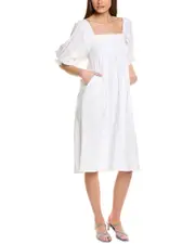 JL LUXE Smocked Linen-Blend Midi Dress White