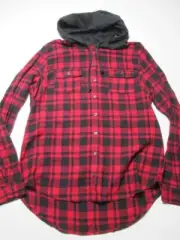 NWT New Look Womens Size L Casual Shirt Red/Black Tie Hooded Long Sleeve Check