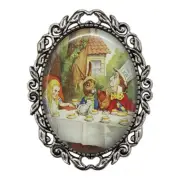 Alice In Wonderland Tea Party Glass Top Brooch Pin Fairytale Photo Jewelry