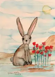 Original Painting 5x7" brown Bunny Rabbit red flowers Springtime by Lynne Kohler