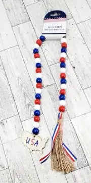 American Wood Bead Garland with Tassels USA 4th of July Memorial Labor Day 24"
