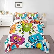 Colorful Robots Comforter Set Queen Size for Kids Funny Intelligent Machine Bedding Sets All Season Cartoon Sci-Fi Robot Quilt Set Bedroom Decor Childlike Style Down Comforter,3Pcs