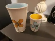 NEW signed Vase & Cup Set With Flower Art Sarah Gregory Pottery Ceramics Gift