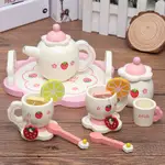 早教仿真兒童過家家白色草莓下午茶蛋糕茶具組合女孩廚房木製玩具