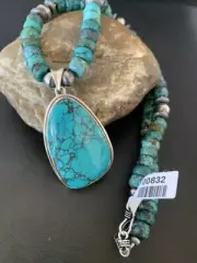 USA Navajo Pearls Spiderweb Beads Turquoise Sterling Necklace Pendant 00832