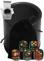 PU Leather Black Felt Lined Dice Cup + Pearlized Green Red Dice +Pouch New Boxed