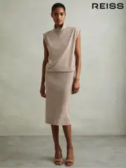 Reiss Neutral Hester Knitted Wool-Cashmere Blouson Top Midi Dress (E61234) | $395