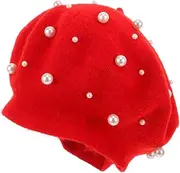 [BESTYASH] Luxury Cashmere Pearl Beret Beaded Rivet Wool Beret Heavy Work Hat Free Size Red