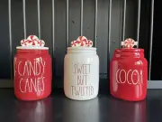 Rae Dunn Set/3 Peppermint Topper canisters Cocoa, Candy Cane & Sweet But Twisted