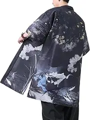 [Ambcol] Men Japanese Kimono Coat Loose Yukata Outwear Long Bathrobe Tops Vintage