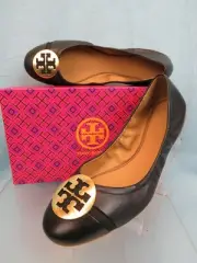 TORY BURCH MINNIE NAVY BLUE LEATHER GOLD REVA BLACK CAP TOE BALLET FLATS 7