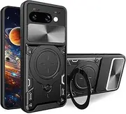 Ysnzaq Armor Case for Google Pixel 9a with Rotatable Kickstand, Military Grade Shockproof Protective Phone Case with Slide Camera Cover for Google Pixel 9a CQ Black