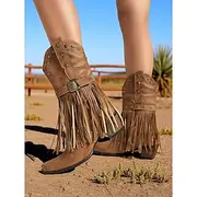 Women's Western Fringe Cowboy Boots - Tan Faux Suede Star Studded Mid-Calf Boots with Buckle for Rodeo, Country Concerts or Fall Festivals