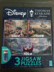 Disney Thomas Kinkade Aladdin/Mickey/Rapunzel Puzzle 3 Pack with Glue 2020 NEW