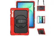 Samsung Galaxy Tab S10 FE+ 13.1 inch 2025 Hand Strap Stand Case with Screen Protector & Shoulder Strap-Red Black