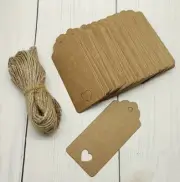 100 Kraft Paper Heart Cut Out Gift Hanging Tags Rectangle Jute String Cards