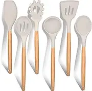 E-far Cooking Utensils Set of 6, Silicone Kitchen Utensils with Wooden Handle, Non-stick Cookware Friendly & Heat Resistant, Includes Spatula/Ladle/Slotted Turner/Serving Spoon/Spaghetti Server(Khaki)