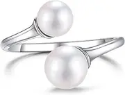 [LUCKMORA] Pearl Ring Sterling Silver Rings for Women 925 Adjustable Open June Birthstone Rings with Real Round Genuine Freshwater Cultured Stackable