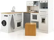 HONEY JOY 2-Piece Kids Kitchen Playset, Wooden Pretend Play Kitchen & Washing Machine Toy Set w/Realistic Light & Sound, Coffee Maker, Water Dispenser, Stove, Utensils, Detachable Sink, White