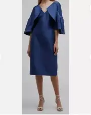 $595 Badgley Mischka Women's Blue 3/4-Sleeve Ruffle Mikado MIDI Dress Size 6