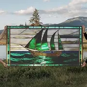 Emerald Green And Gold Art Deco Sail Boat Framed Print Retro Mcm Style Wall Art Midcentury Modern Vintage Style Stained Glass
