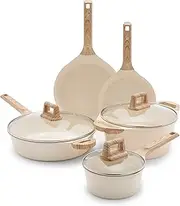 [GreenLife] Arte 8 Piece Ceramic Nonstick Cookware Pots and Pans Set, Induction Suitable, PFOA & PFAS Free, Wood Print Handles, Glass Lids, Stock Saucepans & Frying Pans, Dishwasher Safe, Speckled Cream